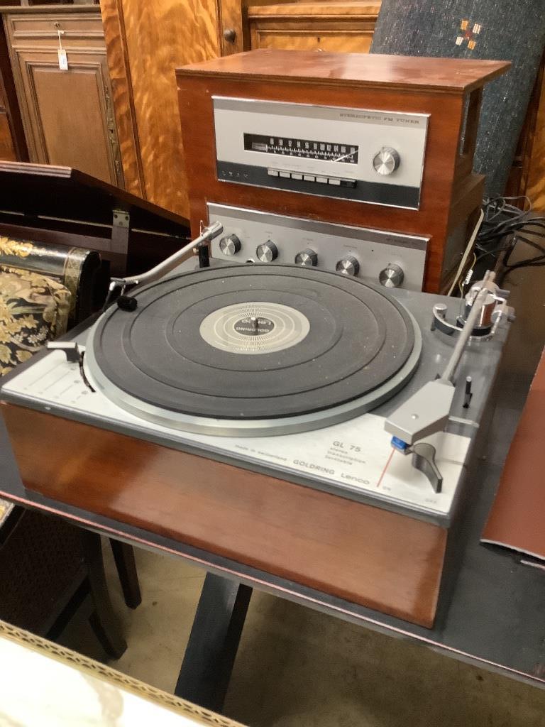 A vintage Goldring Lenco Gl75 turntable, a Leak tuner and amplifier and a pair of KEF speakers (later cased)